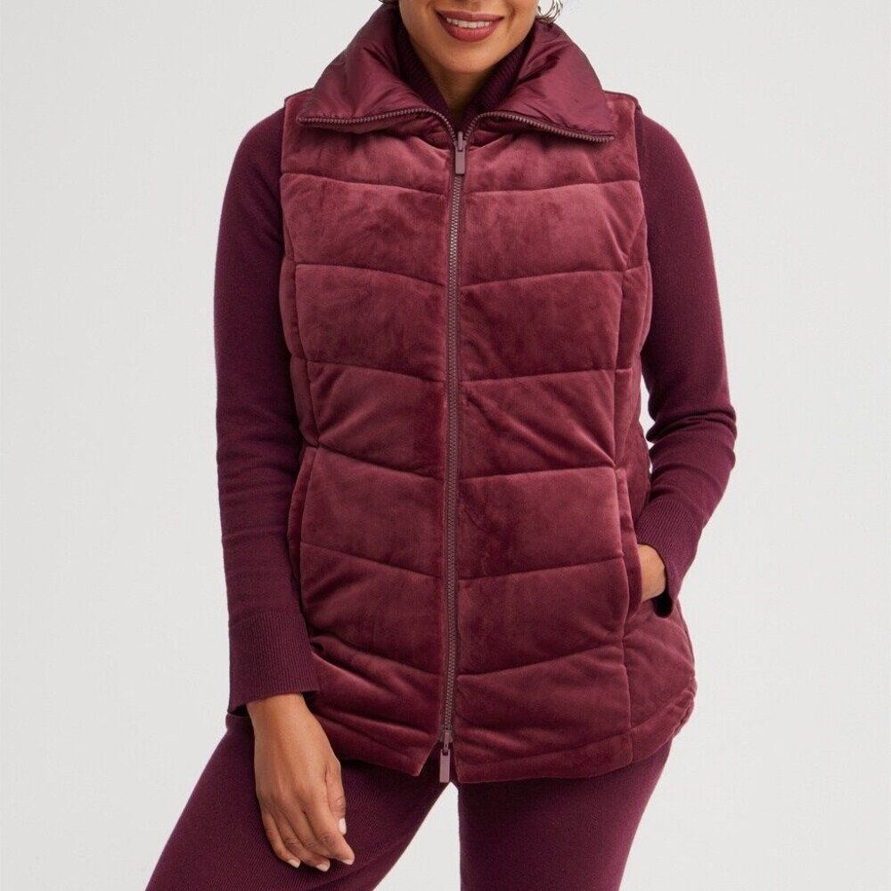 Chico's Zenergy Puffer Velour Reversible Quilted VEST Size 6 Merlot Red NEW $109